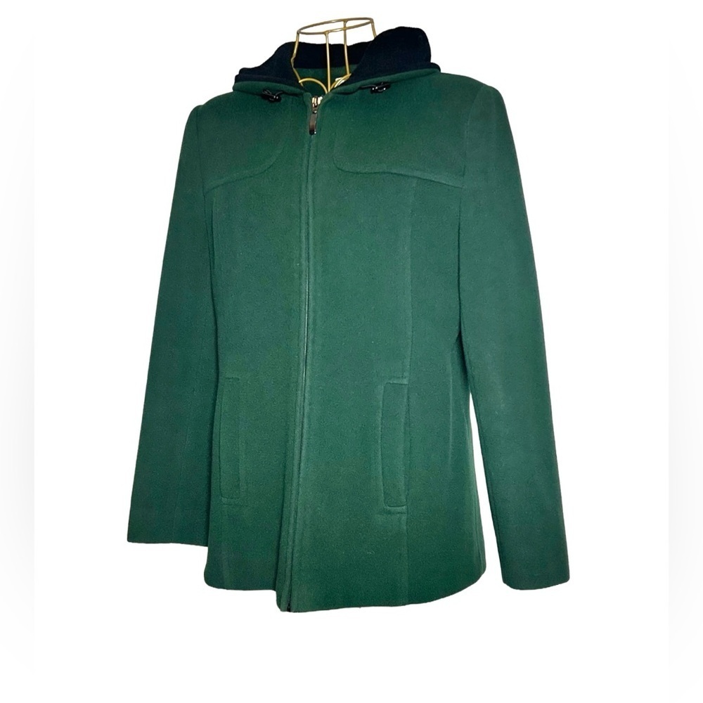 Preston & York Wool Coat in Rich Green with Pockets, Full Zip, & Hood, Small - Picture 1 of 15
